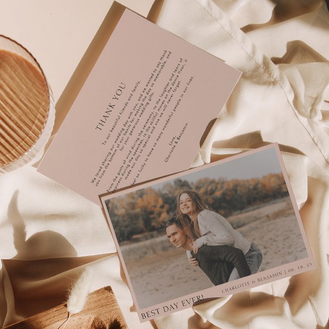Simple Boho Beige Photo Best Day Ever Wedding  Thank You Card (Creator Uploaded)