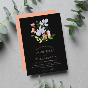 Simple Boho Black and Pink Floral Wedding Invitation