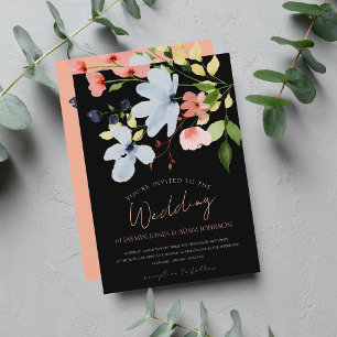 Simple Boho Black and Pink Floral Wedding Invitation