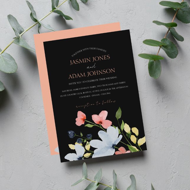 Simple Boho Black and Pink Floral Wedding Invitation (Creator Uploaded)