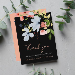 Simple Boho Black and Pink Floral Wedding Thank You Card