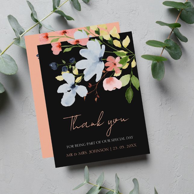 Simple Boho Black and Pink Floral Wedding Thank You Card (Creator Uploaded)
