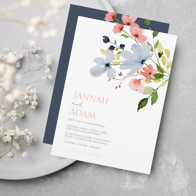Simple Boho Blue and Pink Floral Wedding Invitation (Creator Uploaded)