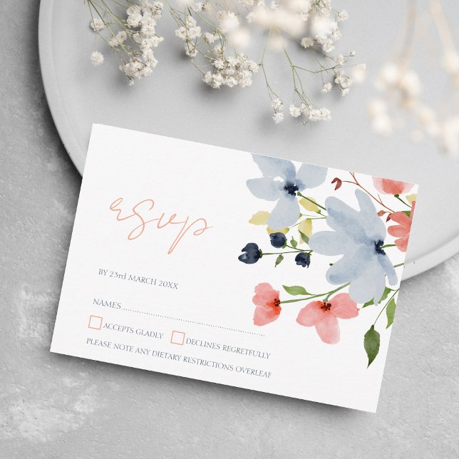 Simple Boho Blue and Pink Floral Wedding RSVP Card (Creator Uploaded)