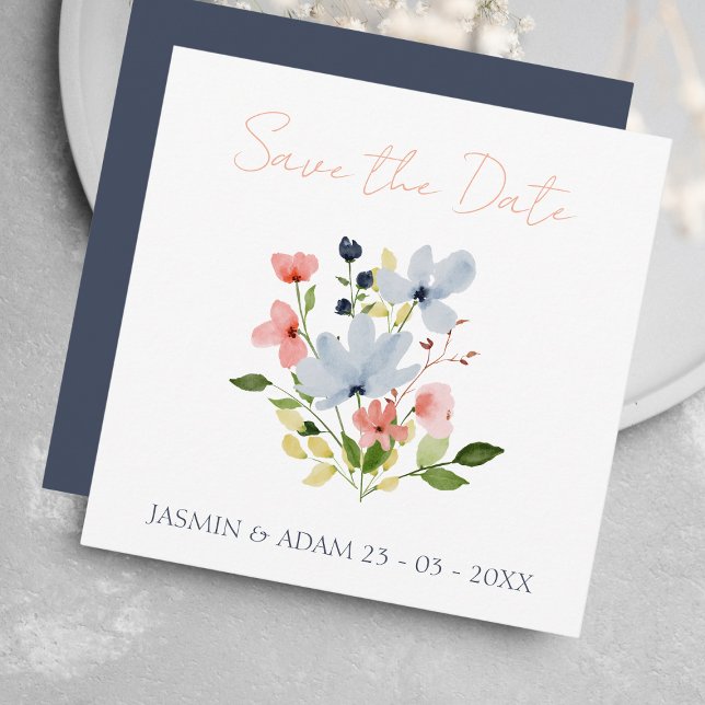 Simple Boho Blue and Pink Floral Wedding Save The Date (Creator Uploaded)