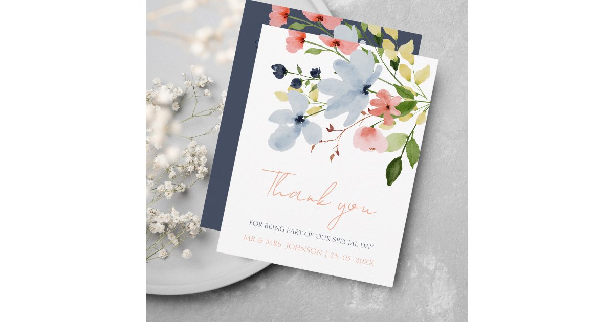 Simple Boho Blue and Pink Floral Wedding Thank You Card | Zazzle