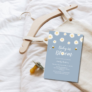 Simple Boho Blue Daisy Baby In Bloom Boy Shower Invitation
