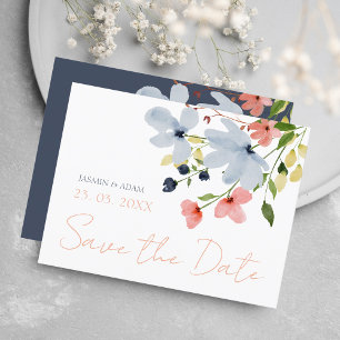 Simple Boho Blue Pink Floral Wedding Save the Date Postcard