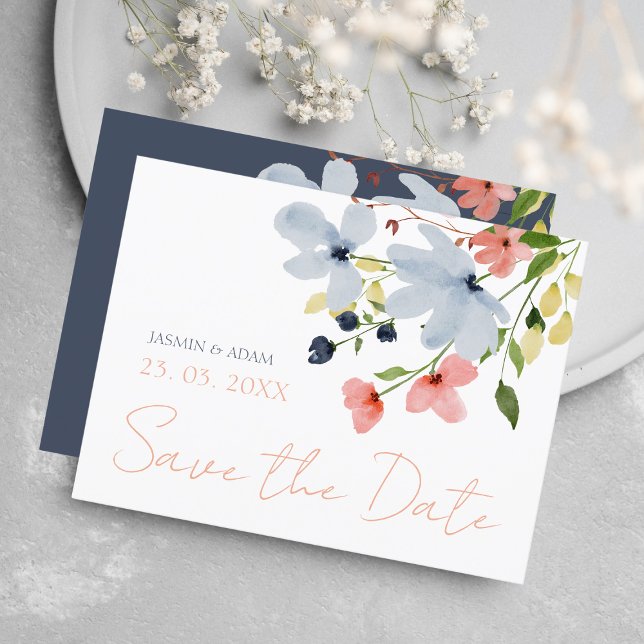 Simple Boho Blue Pink Floral Wedding Save the Date Postcard (Creator Uploaded)