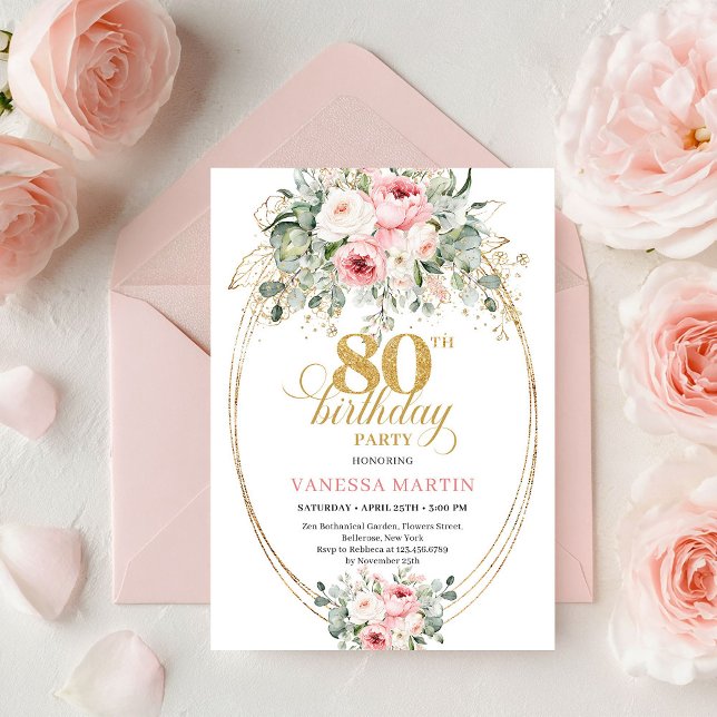 Simple Boho Blush Roses Greenery 80th Birthday Invitation (Simple Boho Blush Roses Greenery 80th Birthday)
