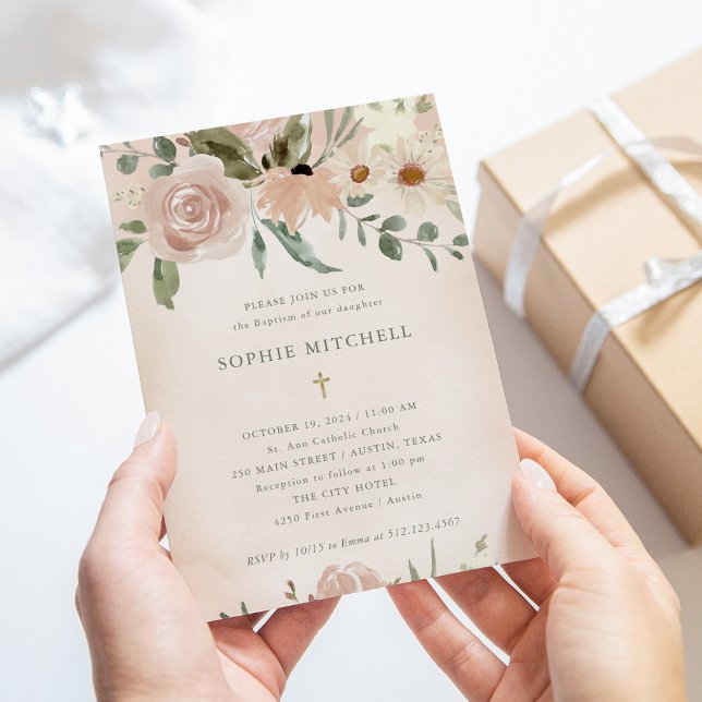Simple Boho Blush Watercolor Flowers | Baptism Invitation (Creator Uploaded)