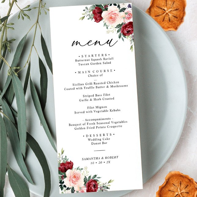 Simple Boho Burgundy Blush Floral Wedding Menu (Creator Uploaded)