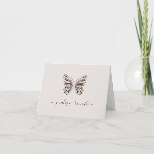 Simple Boho Butterfly Burgundy Taupe Wedding  Thank You Card (Front)