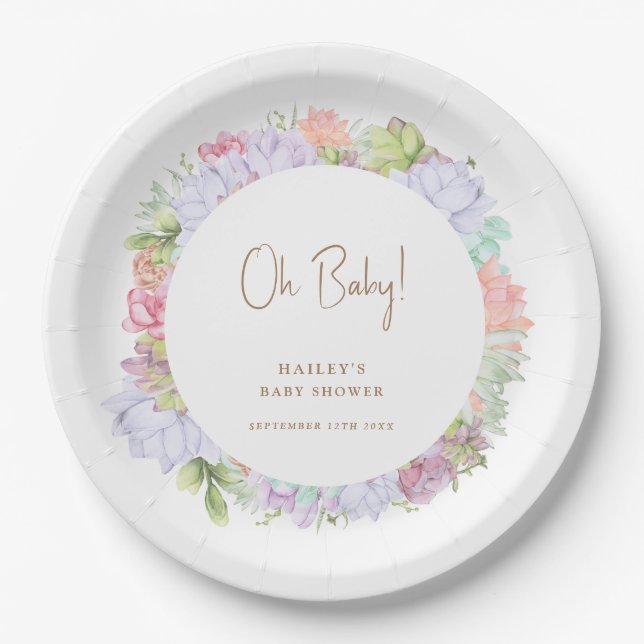 Simple Boho Cactus Desert Oh Baby Shower  Paper Plate (Front)