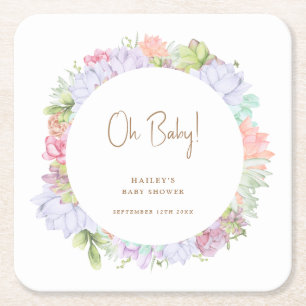 Simple Boho Cactus Desert Oh Baby Shower  Square Paper Coaster