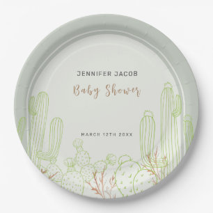 Simple Boho Cactus Line Art Arch Baby Shower Paper Plate