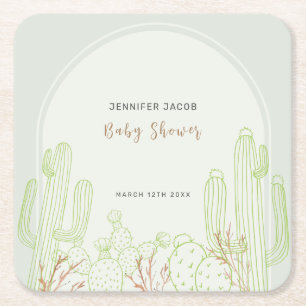 Simple Boho Cactus Line Art Arch Baby Shower Square Paper Coaster