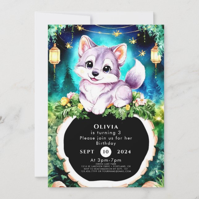 Simple Boho Charming Wolf Birthday Invitation (Front)
