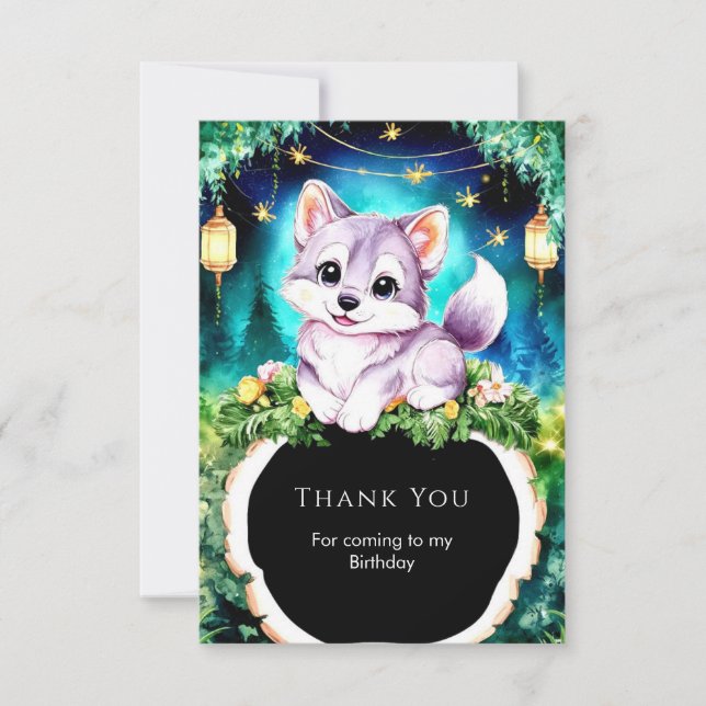 Simple Boho Charming Wolf Birthday Thank You Card (Front)