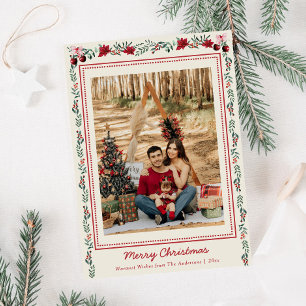 Simple Boho Christmas Greenery Poinsettia 1 Photo Holiday Card