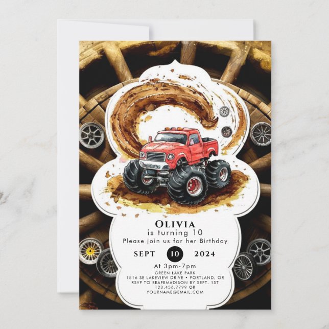 Simple Boho Cute Monster Truck Birthday Invitation (Front)