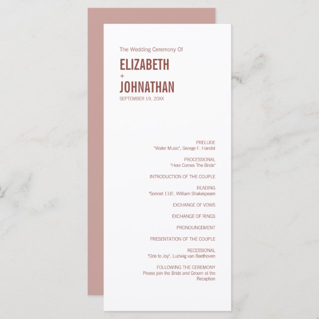 Simple Boho Dusty Rose Typography Wedding Program (Front/Back)