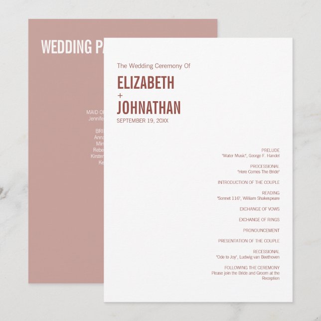 Simple Boho Dusty Rose Wedding Typography Program (Front/Back)