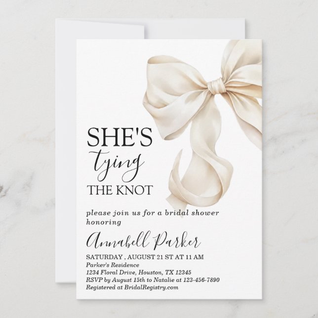 Simple Boho Elegant Ivory Cream Bow Bridal Shower Invitation (Front)