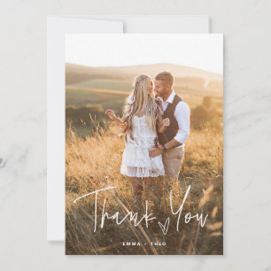 Simple Boho   Elegant Script with Heart and Photos Thank You Card