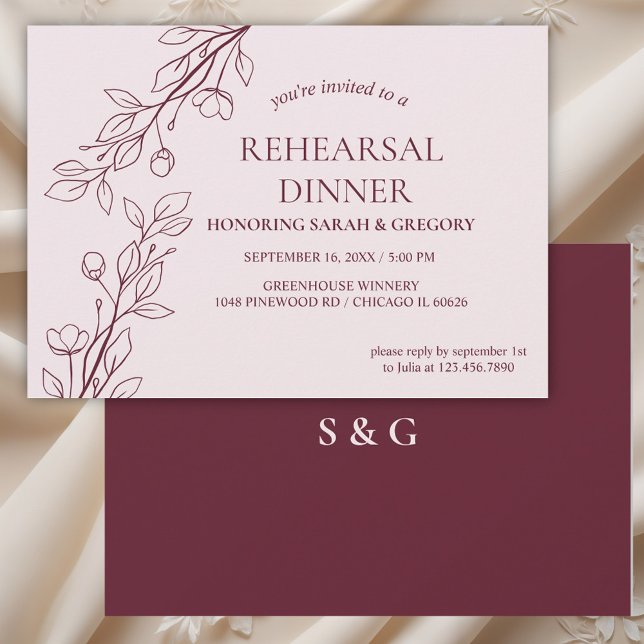 Simple Boho Floral Ruby Wine Rehearsal Dinner  Invitation (Creator Uploaded)