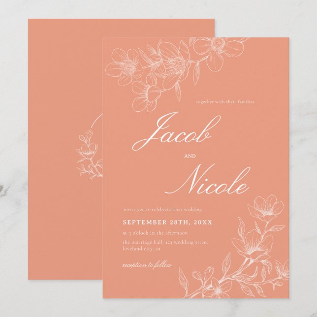 Simple Boho Floral Script Coral Wedding Invitation (Front/Back)