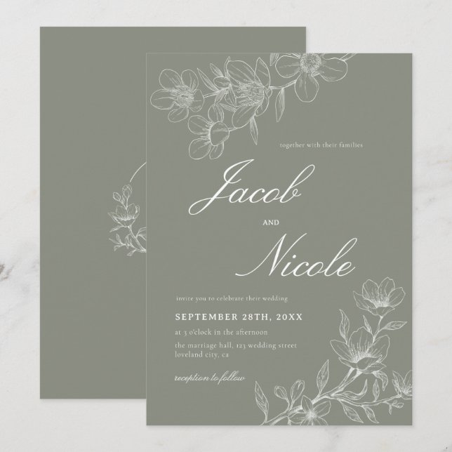 Simple Boho Floral Script Sage Green Wedding Invitation (Front/Back)