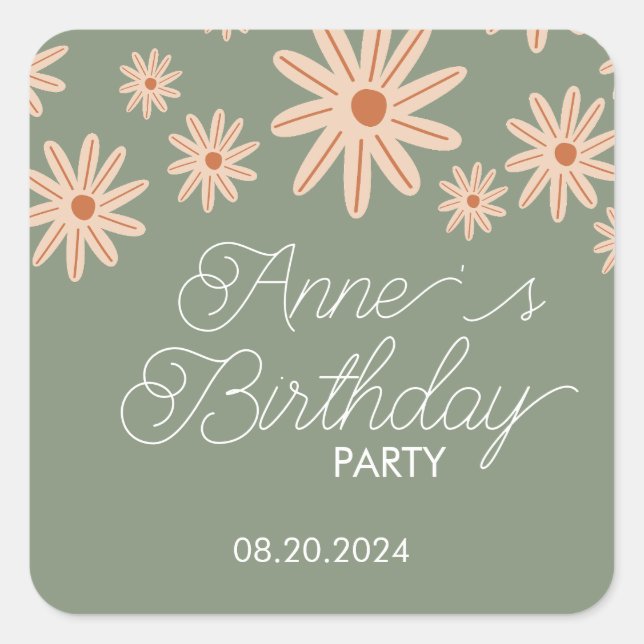 Simple Boho Flowers All Ages Birthday Square Sticker (Front)