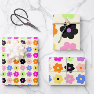 Simple BOHO Flowers Colourful Retro Daisy Pattern Wrapping Paper Sheet
