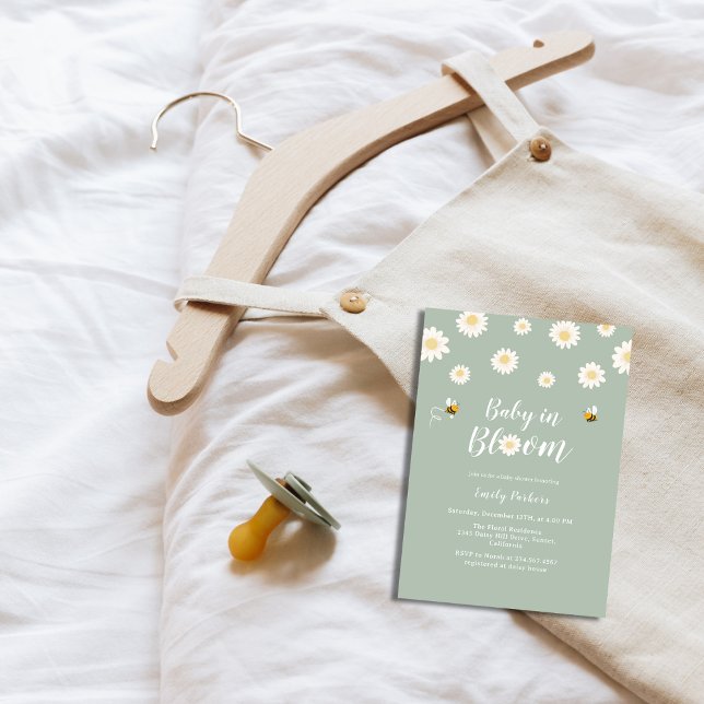 Simple Boho Green Daisy Baby In Bloom Shower Invitation (Simple Boho Green Daisy Baby In Bloom Shower Invitation)