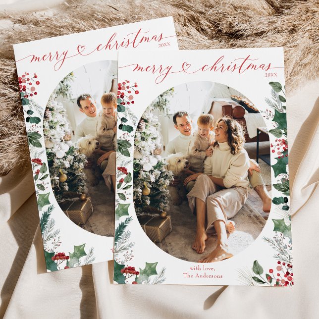 Simple Boho Greenery 1 Photo Family Christmas  Holiday Card (Creator Uploaded)