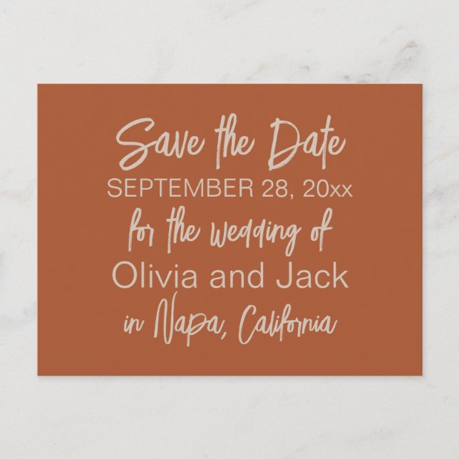 Simple Boho Minimalist Rust Wedding Save the Date Postcard (Front)