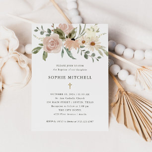 Simple Boho Neutral Watercolor Flowers Baptism Invitation