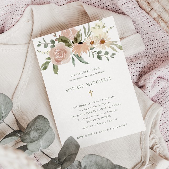 Simple Boho Neutral Watercolor Flowers | Baptism Invitation (Creator Uploaded)