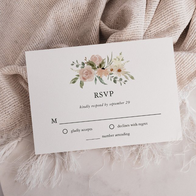 Simple Boho Neutral Watercolor Flowers | Wedding RSVP Card (Creator Uploaded)