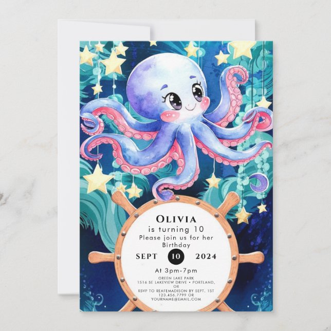 Simple Boho Octopus Birthday Invitation (Front)
