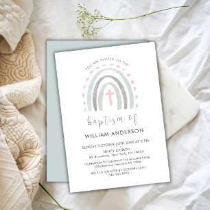 Simple Boho Rainbow Cross Boy Baptism Invitation