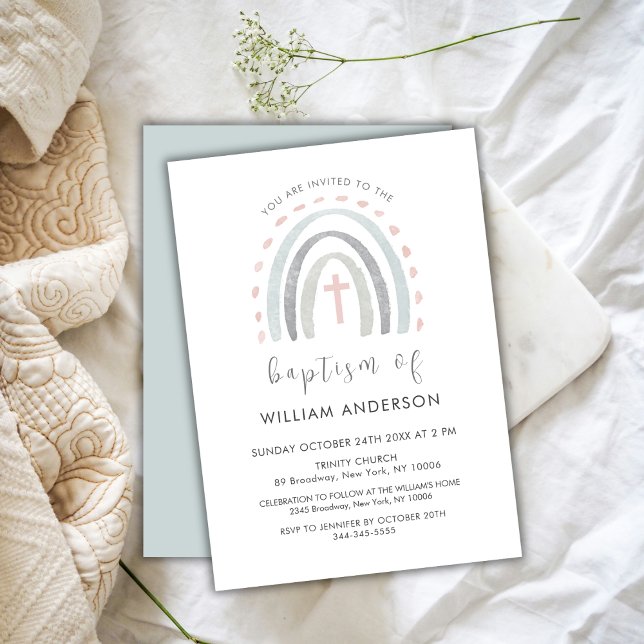 Simple Boho Rainbow Cross Boy Baptism Invitation (Simple Boho Rainbow Cross Boy Baptism Invitation)