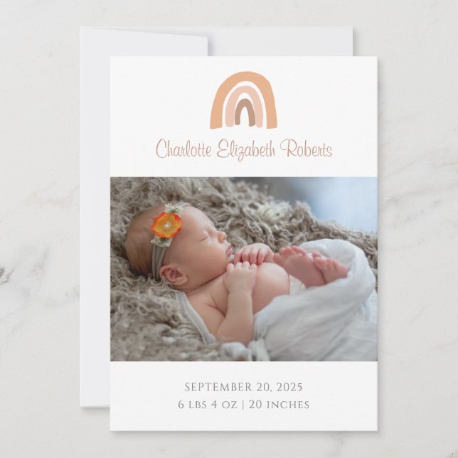 Simple Boho Rainbow Photo Birth Announcement Card (Front)