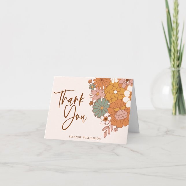 Simple Boho Retro Floral Baby Shower Custom Name Thank You Card (Front)