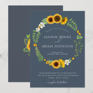 Simple Boho Royal Blue Sunflower Wreath Wedding Invitation
