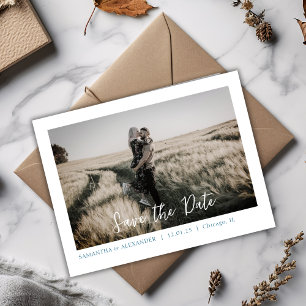 Simple Boho Save Our Date Blue Photo Postcard