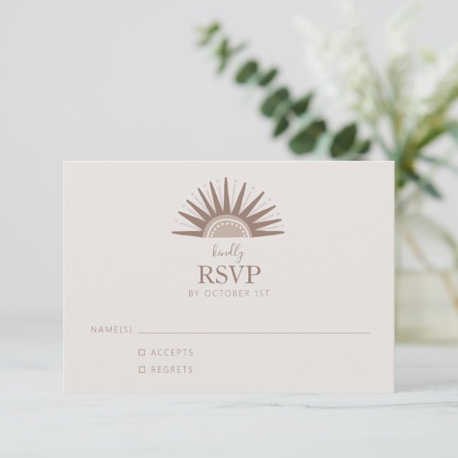 Simple Boho Sun Brown and Taupe Wedding RSVP Card (Standing Front)
