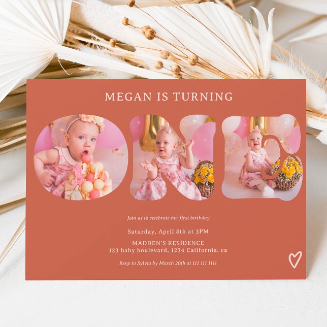 Simple boho terracotta 3 photos 1st birthday invitation (Creator Uploaded)