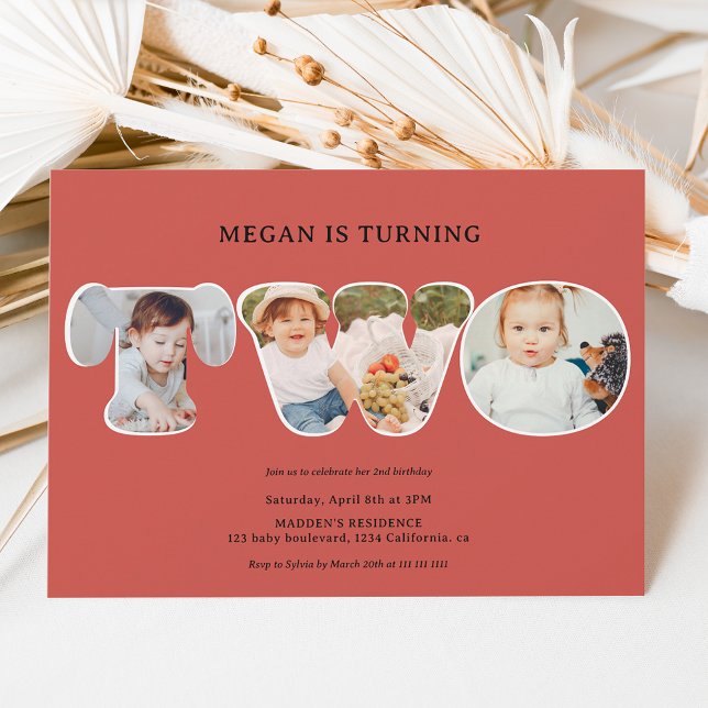 Simple boho terracotta 3 photos 2nd birthday invitation (Creator Uploaded)